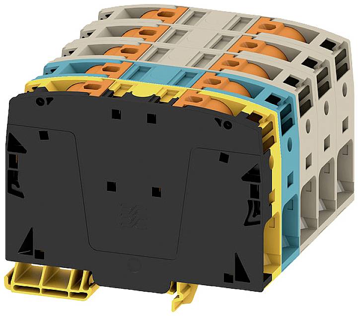 Ein mehrfarbiger, stapelbarer Steckverbinder, bestehend aus schwarzen, gelben, türkisfarbenen und orangefarbenen Komponenten. Geeignet für elektrische Anwendungen.