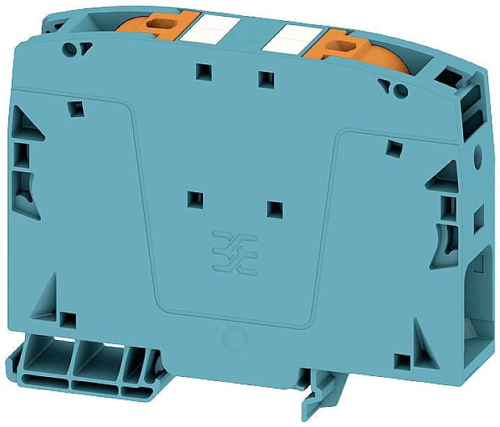 Türkiser elektronischer Baustein mit orangefarbenen Komponenten, vermutlich eine Klemme oder ein Anschlussmodul, seitliche Öffnungen sichtbar.
