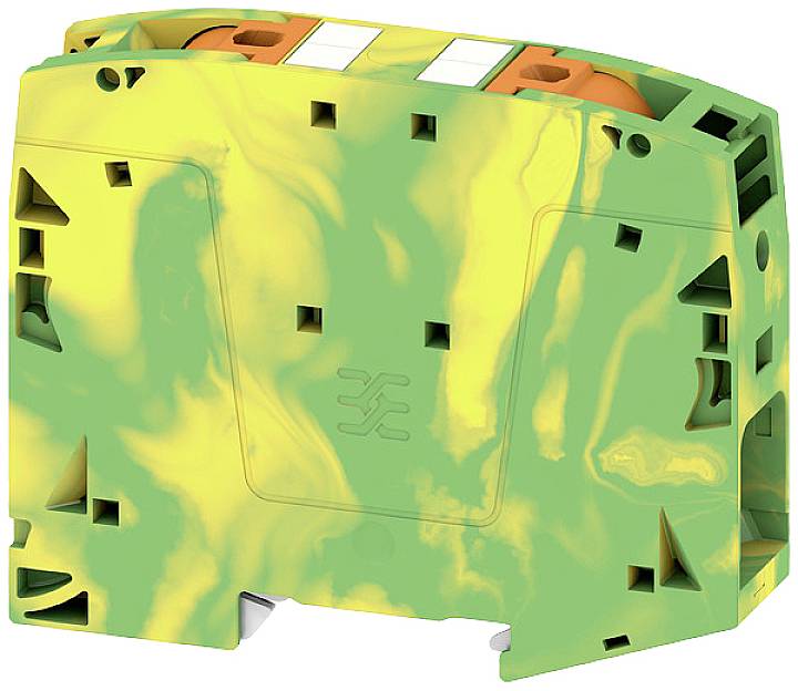 Ein gelb-grüner Klemmenblock für die Montage auf einer Hutschiene, verwendet in Elektroinstallationen zur Verdrahtung.