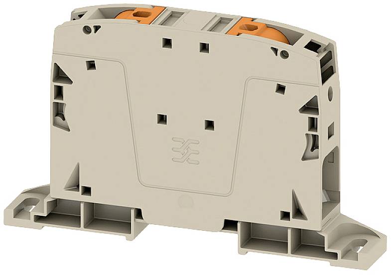 Ein grauer elektrischer Anschlussblock mit orangefarbenen Details, für die Montage auf einer Tragschiene geeignet.