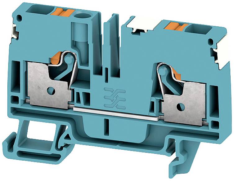 Blau-orangefarbene elektrische Reihenklemme mit metallischen Verbindungen und Kunststoffgehäuse, verwendet in Schalttafeln.