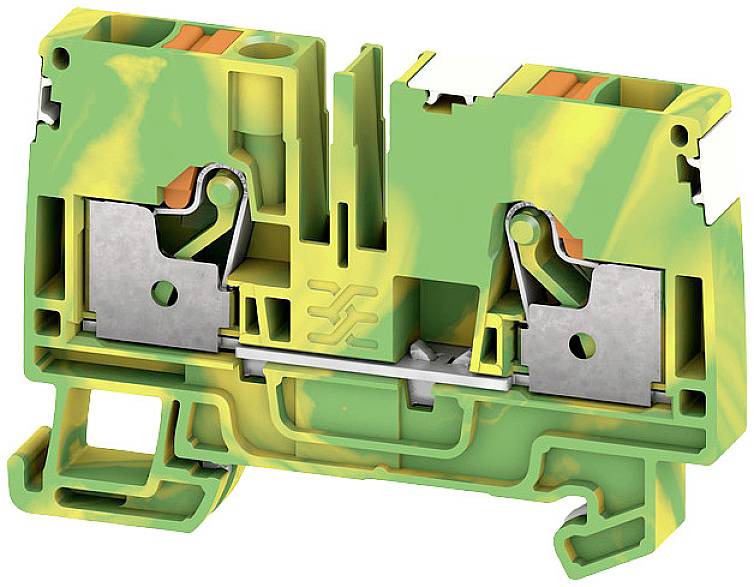 Grüner und gelber zweistöckiger Reihenklemmenblock mit Metallelementen zur elektrischen Verdrahtung.