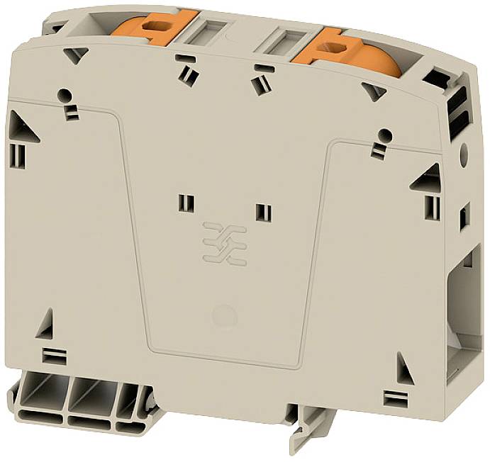 Klemmblock aus Kunststoff in Beige mit orangenen Teilen für elektrische Verbindungen. Geeignet zur Verwendung auf einer Hutschiene.