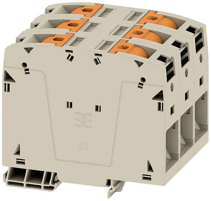 Dreireihige elektrische Anschlussklemme mit orangefarbenen Druckknöpfen zur Verdrahtung.