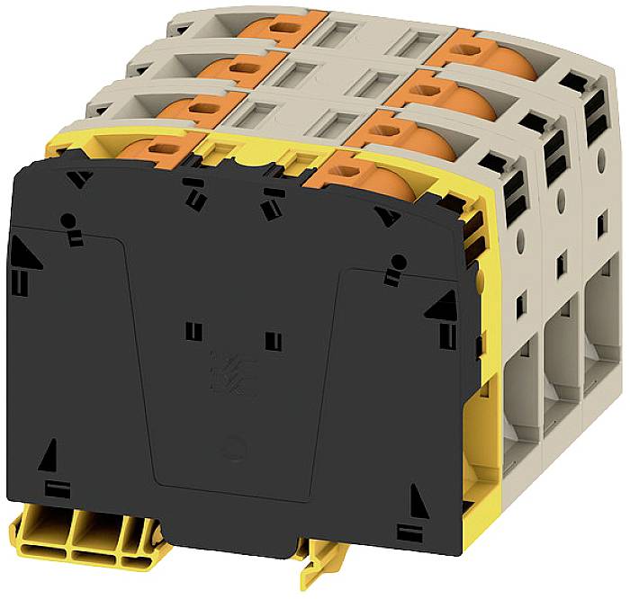 Ein mehrpoliger Steckverbinder mit orangefarbenen Klemmen und schwarzer Abdeckung, modular und stapelbar für elektrische Verbindungen.