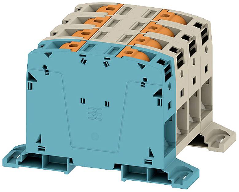 Ein blauer elektrischer Verbindungsklemmenblock mit vier orangefarbenen Klemmvorrichtungen. Geeignet für die Verteilung elektrischer Leitungen.