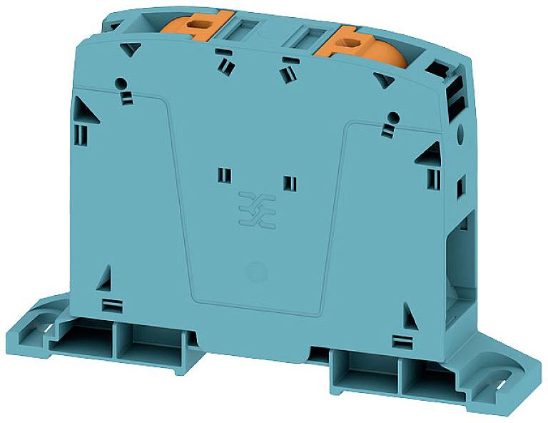 Ein blaues elektrisches Bauteil mit orangefarbenen Elementen, möglicherweise ein Verteilerblock, auf einer Montagebasis.