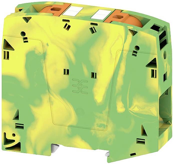Ein grüner und gelber elektrische Klemme mit Schlitzen für Drähte. Eignet sich zur Befestigung und Verbindung elektronischer Komponenten.