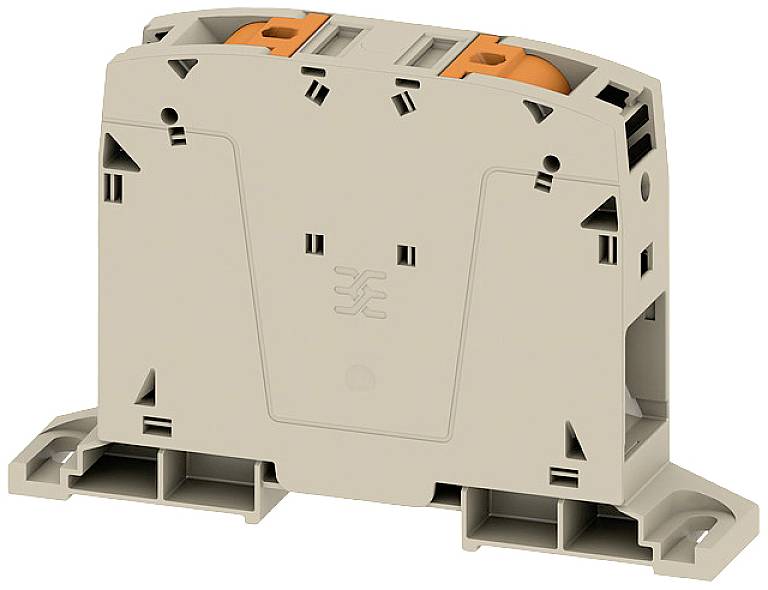 Elektrischer Reihenklemmenblock aus Kunststoff mit zwei orangefarbenen Elektronikelementen oben, zur Verwendung in Schalttafeln.