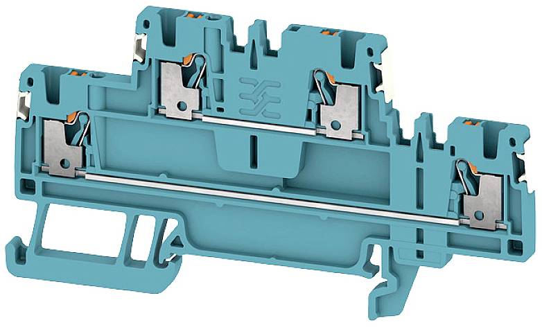 Klemme im Querschnitt zeigt Innenansicht elektrischer Komponenten, geeignet für industrielle Verdrahtung und Befestigung an Tragschienen.