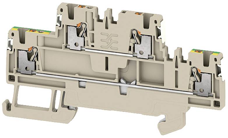 Ein beige elektrischer Klemmenblock mit Metallteilen. Er wird zum Verbinden von elektrischen Leitungen in Schaltschränken verwendet.