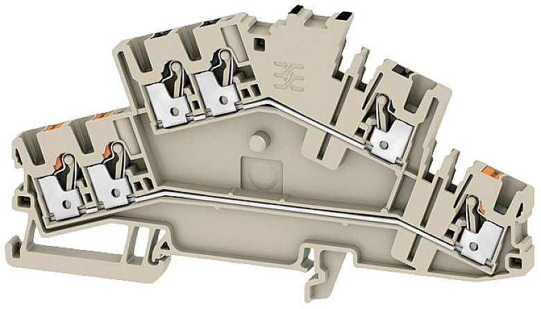 Ein dreistufiger elektrischer Klemmblock aus Kunststoff zeigt interne Verbindungen und Metallkontakte zur Drahtbefestigung.