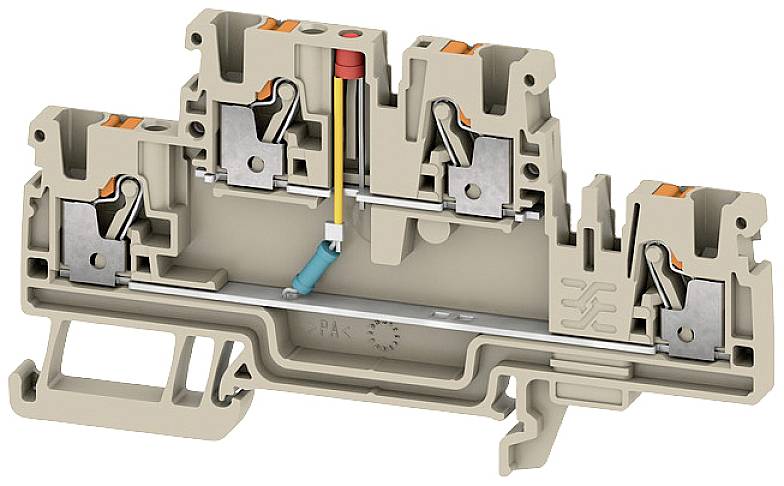 Elektrische Klemmenblock-Modul, für DIN-Schienenmontage, zeigt Verbindungspunkte für Drähte, mit Hebelmechanismus zur sicheren Befestigung.
