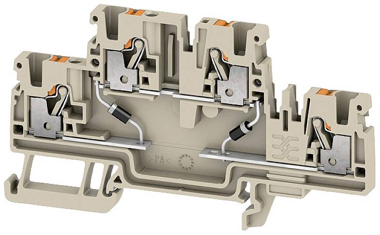Elektrische Klemmleiste mit vier Anschlüssen, beige, mit Metallkontakten und Hebelmechanismus für sichere Kabelverbindungen.