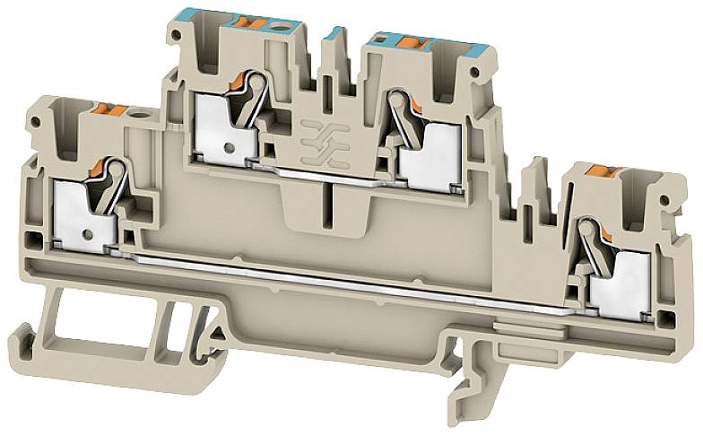 Zweistöckige Reihenklemme aus Kunststoff, seitliche Anschlüsse, geeignet für elektrische Verdrahtung in Schaltschränken.