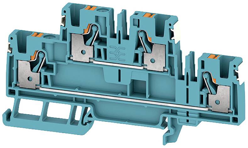 Ein türkisfarbener elektrischer Klemmblock für die Verdrahtung, mit metallischen Anschlüssen und Kunststoffgehäuse. Geeignet für Hutschienen.