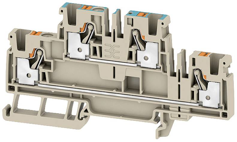 Querschnitt eines elektrischen Reihenklemmers, zeigt interne Metallverbindungen zur Sicherstellung einer stabilen Stromverbindung.