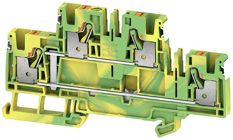 Gelb-grüne Reihenklemme aus Kunststoff und Metall, seitlich abgebildet, zeigt interne elektrische Verbindungen und Komponenten.