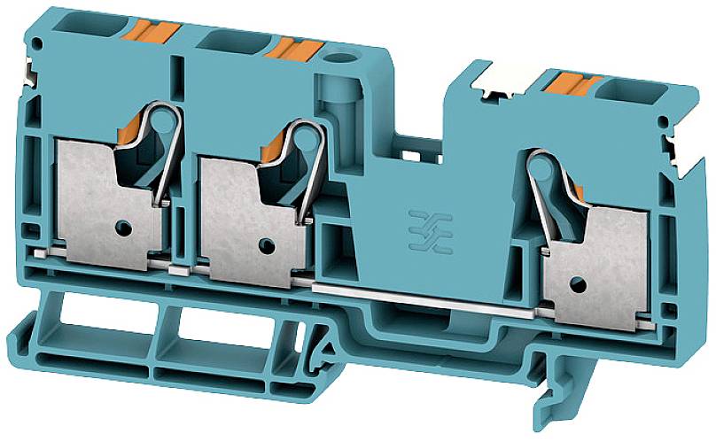 Schnittansicht einer blauen Reihenklemme mit orangenen Hebeln, die interne Metallkontakte für elektrische Verbindungen zeigt.