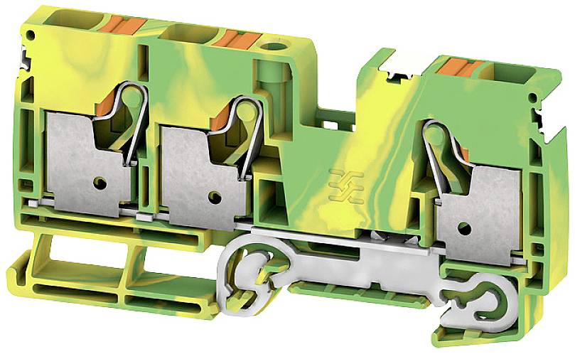 Ein grüner und gelber Kunststoff-Steckverbinder mit metallischen Kontakten, häufig in Elektrotechnik für sichere Kabelverbindungen verwendet.