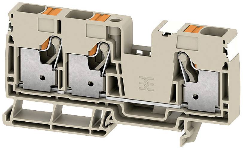Klemmenblock mit drei Anschlüssen, geeignet für die Verbindung elektrischer Leitungen. Beige Gehäuse mit silberfarbenen Metallkontakten.