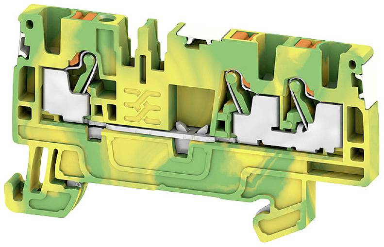 Eine grün-gelb marmorierte elektrische Klemme mit einem Metallkontakt und Anschlüssen für Kabel.