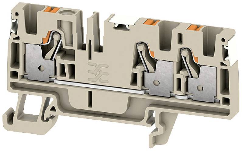 Eine braune, zweifache elektrische Reihenklemme mit Metallverbindungen, die für den Anschluss von Drähten in elektrischen Installationen verwendet wird.