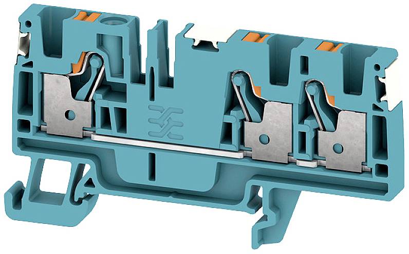 Blau-orangefarbene elektrische Klemmenleiste mit Metallkontakten und Halterung, typischerweise für Kabelverbindungen in Schaltschränken verwendet.