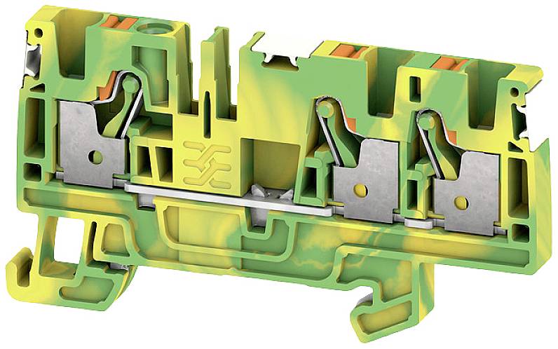 Grüne und gelbe Reihenklemme aus Kunststoff, mit Metallkontakten zur Befestigung elektrischer Kabel, typisches Zubehör in Schaltschränken.
