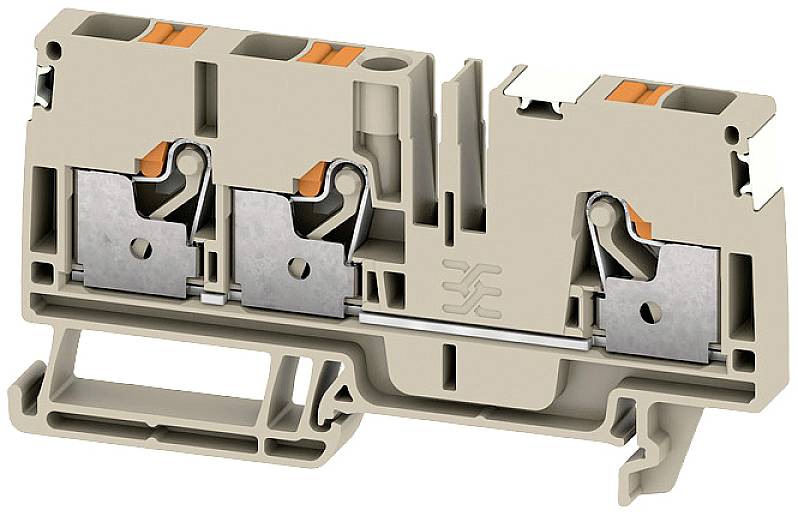 Elektrische Reihenklemme in beige mit zwei orangefarbigen Hebeln und zwei Anschlusspunkten für Leitungen.