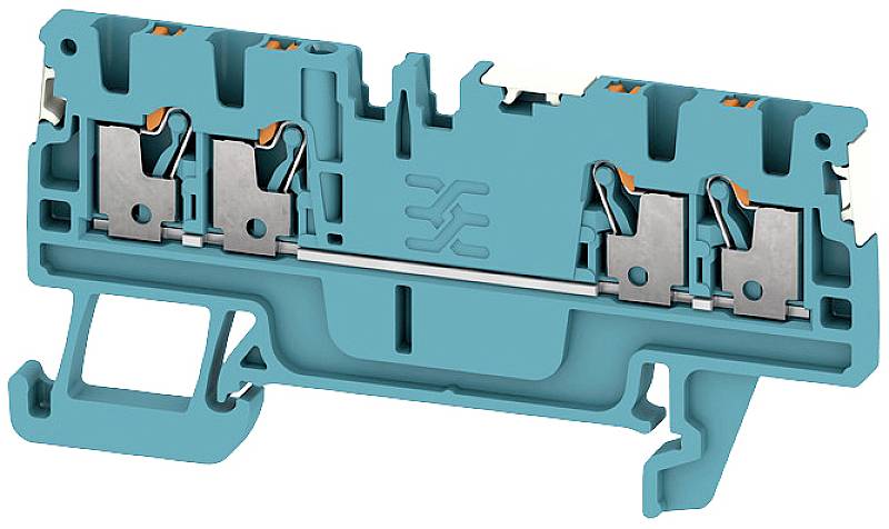 Ein elektrischer Steckverbinder, blau, mit mehreren Anschlussklemmen. Dient zum Verbinden von elektrischen Leitungen in Schaltschränken.