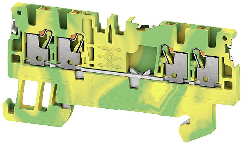 Grün-gelb-gestreifte Elektro-Reihenklemme mit Metallklemmen für Anschlüsse. Geeignet für DIN-Schienenmontage in Schaltschrank.