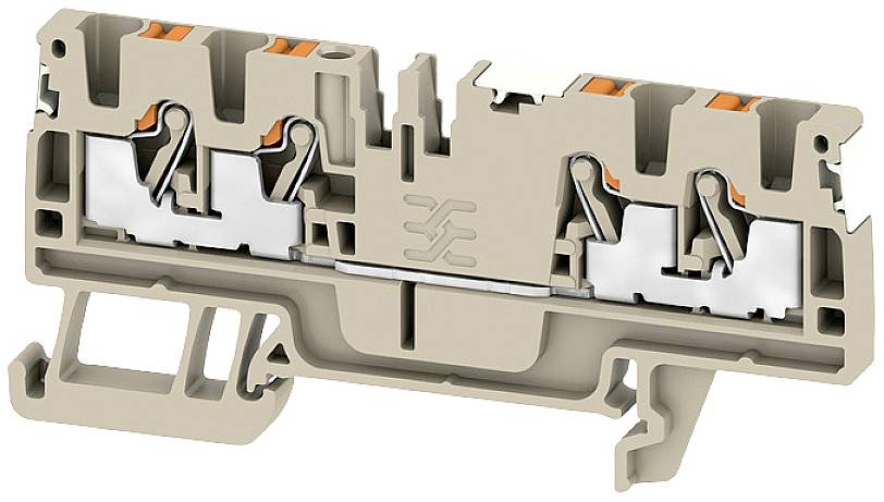 Ein mehrschichtiger elektrischer Steckanschluss in Beige, mit zwei Metallklemmen und orangefarbenen Elementen, für Drahtverbindungen.