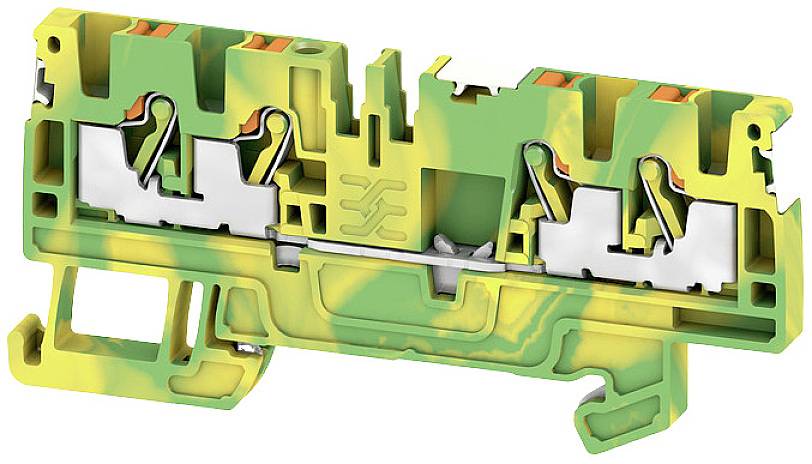 Grün-gelb gesprenkelte Klemmleiste aus Kunststoff mit metallischen Kontaktbereichen, verwendet in der Elektroinstallationstechnik.