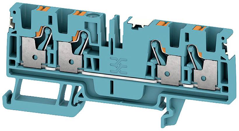 Eine elektrische Klemme in türkis, bestehend aus Metall- und Kunststoffelementen, zeigt innenliegende Verbindungen.