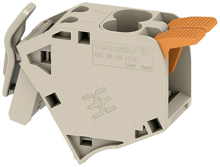 Ein elektrischer Steckverbinder der Marke Weidmüller, Modell AAC 30-185 RX10, mit zwei orangefarbenen Hebeln.
