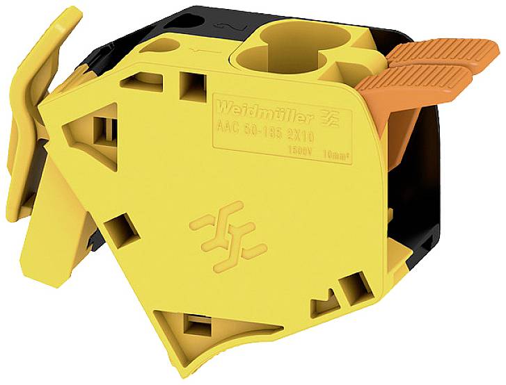 Gelber und schwarzer elektrischer Verbinder von Weidmüller mit orangenen Hebeln, verwendet zum sicheren Anschließen von Kabeln.