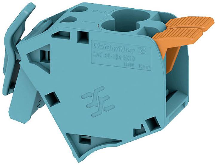 Elektrische Steckklemme in Blau mit zwei orangen Hebeln, markiert mit 'Waidmüller AAC 354-185 3x10 1500V 116A'.