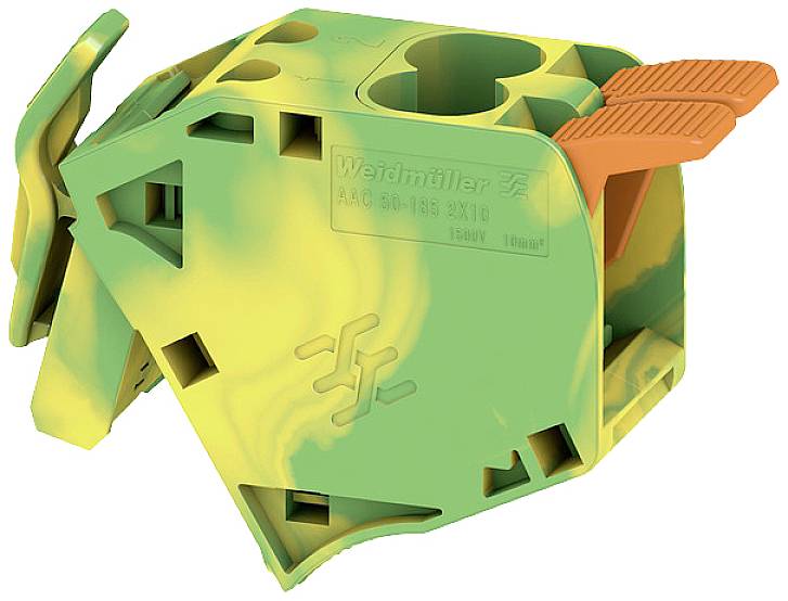 Abgebildet ist ein grün-gelber elektrischer Steckverbinder von Weidmüller mit orangen Hebeln, geeignet für industrielle Anwendungen.