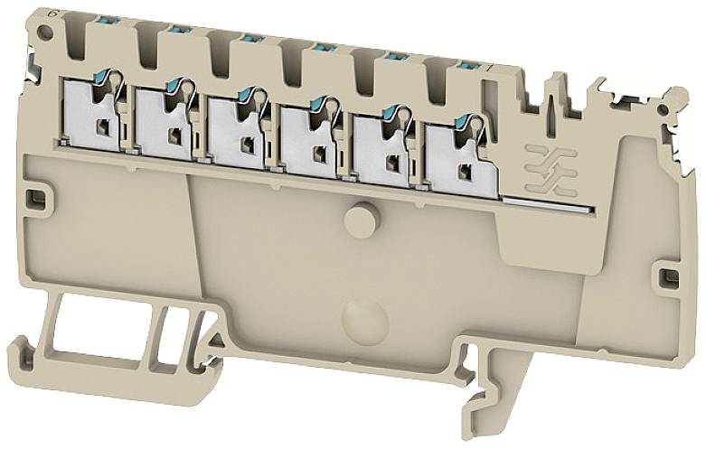 Elektrische Reihenklemme mit mehreren Anschlussklemmen zur Verdrahtung in Schalttafeln, beige Gehäuse, seitliche Profilansicht.