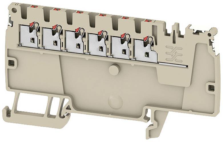 Eine elektrische Klemmenleiste mit fünf Steckplätzen, offenem Design und Metallkontakten, die für den Anschluss von Drähten verwendet wird.