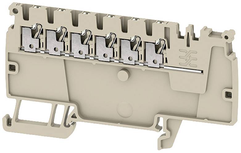 Mehrpolige, beige Reihenklemme mit Metallelementen für elektrische Verbindung in Schaltschrankinstallationen.