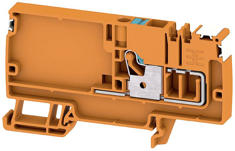 Oranger Klemmenblock aus Kunststoff mit Metallklammer und Anschlüssen, verwendet für elektrische Verbindungen und Installationen.
