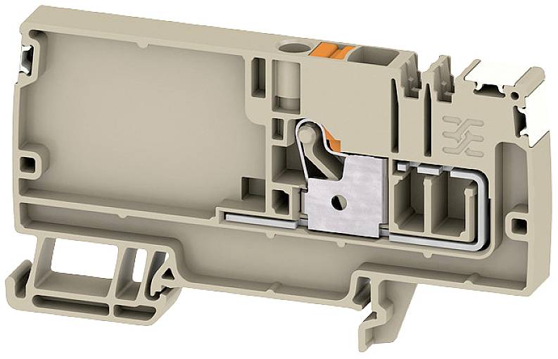 Querschnitt eines beige-grauen Kunststoffgehäuses mit metallischen Komponenten und internen Strukturen, wahrscheinlich ein elektrisches Bauteil.