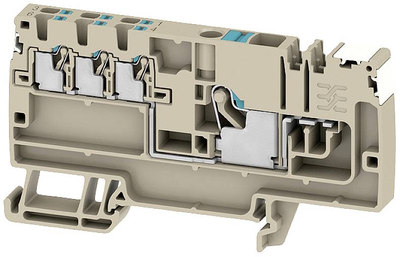 Ein Schnittmodell eines beige-grauen elektrischen Klemmenblocks, das die internen Metallkontakte und Kunststoffstruktur zeigt.