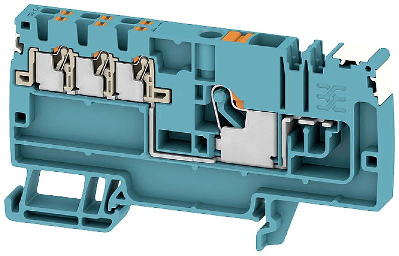 Türkise elektrische Klemme mit mehreren Anschlusspunkten und internen metallischen Verbindungen, Profilansicht.