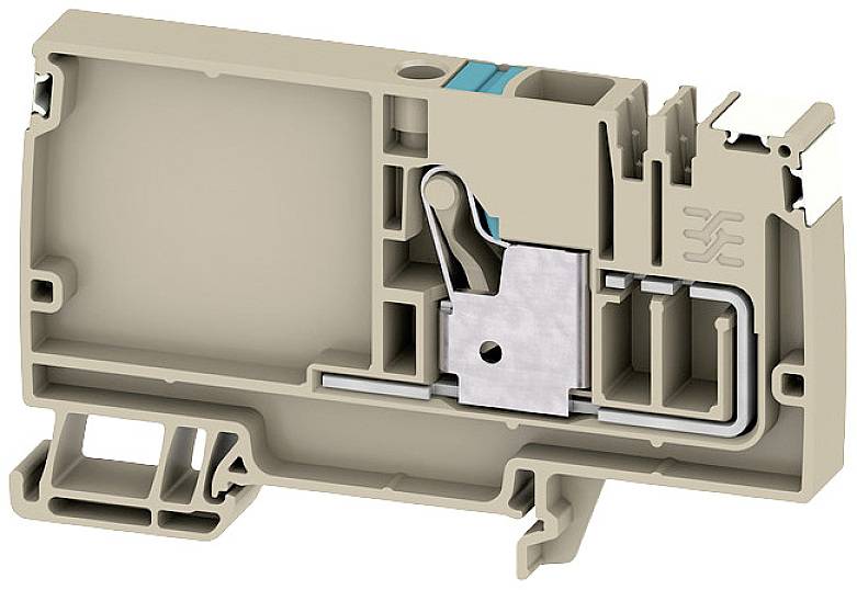 Ein hellbrauner elektrischer Klemmenblock mit Metallhebel und Steckplatz für Kabelverbindungen, seitliche Montagehalterung sichtbar.