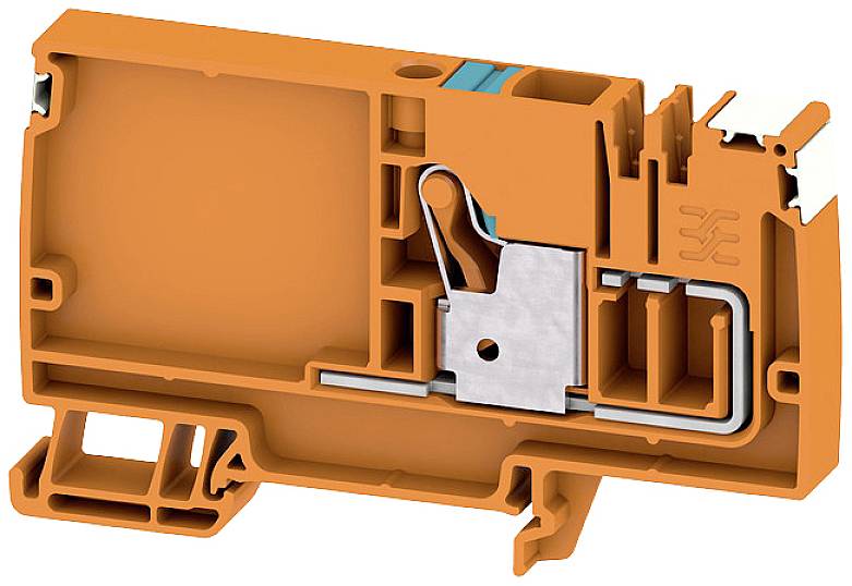 Ein orangefarbener Klemmblock für elektrische Verbindungen mit Metallkomponenten und Kunststoffgehäuse, seitlich geöffnet zur Ansicht.