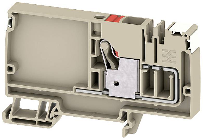 Querschnitt eines elektrischen Klemmenblocks, beige Gehäuse mit sichtbaren Metallverbindungen und Hebelmechanismus.
