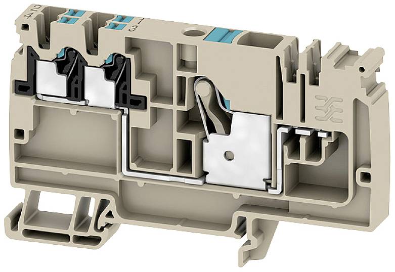 Ein grauer elektrischer Anschlussblock mit mehreren Steckplätzen und Klemmen, vorgesehen für die Montage auf einer DIN-Schiene.